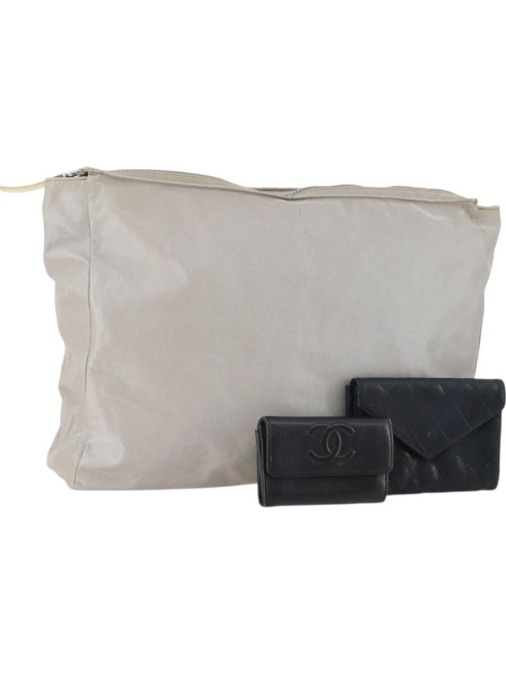 CHANEL Matelasse Wallet Grained Calf Skin Nylon 3 Set Black Gray Navy CC Aut...
